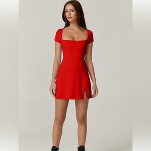 QINSEN Red Square Neck Tennis Dress Short Sleeve Built in Shorts with Pockets